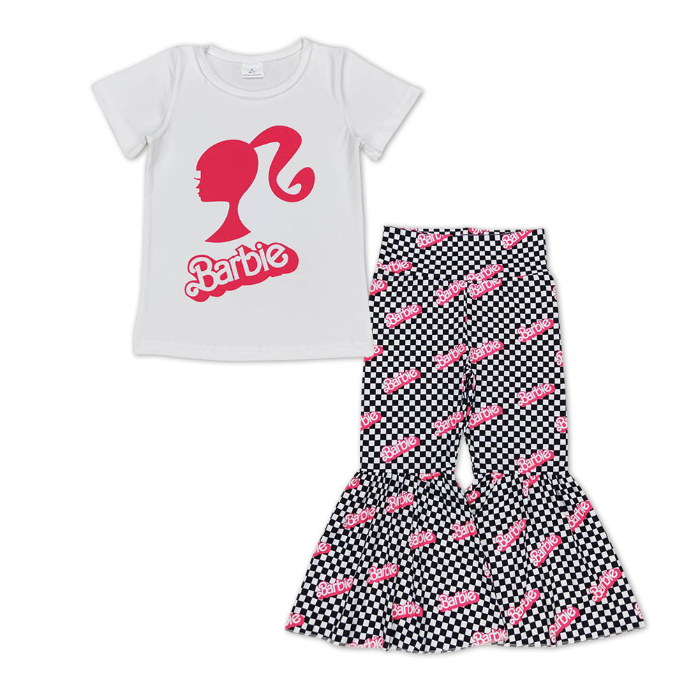 GSPO0877 BA white short sleeve black checkered pants girls set