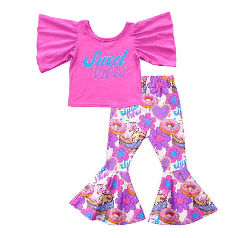 preorder GSPO0907 Vibes hot pink short sleeve donut flowers purple pants girls set