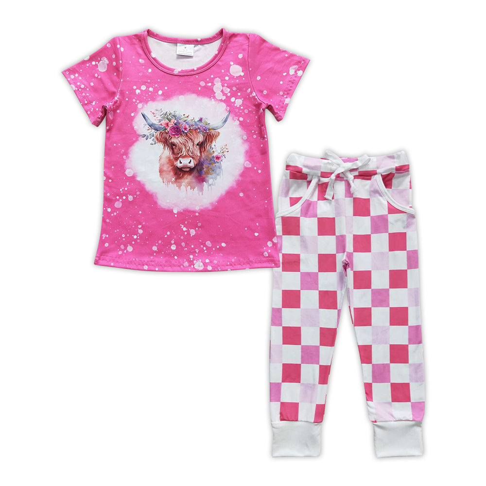 GSPO0910 Highland cow hot pink short sleeve pink plaid pants girls set