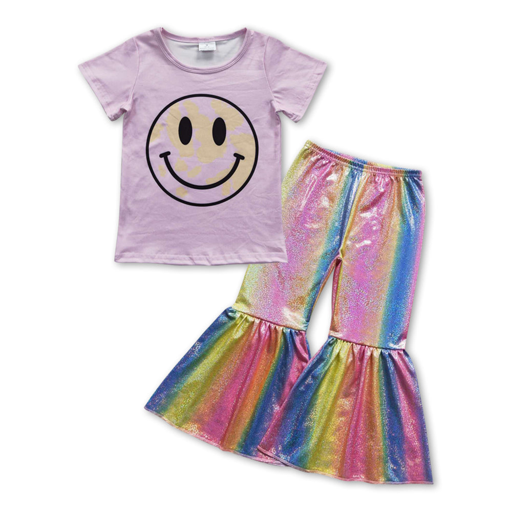 GSPO0912 Smile purple short sleeve rainbow disco pants girls set