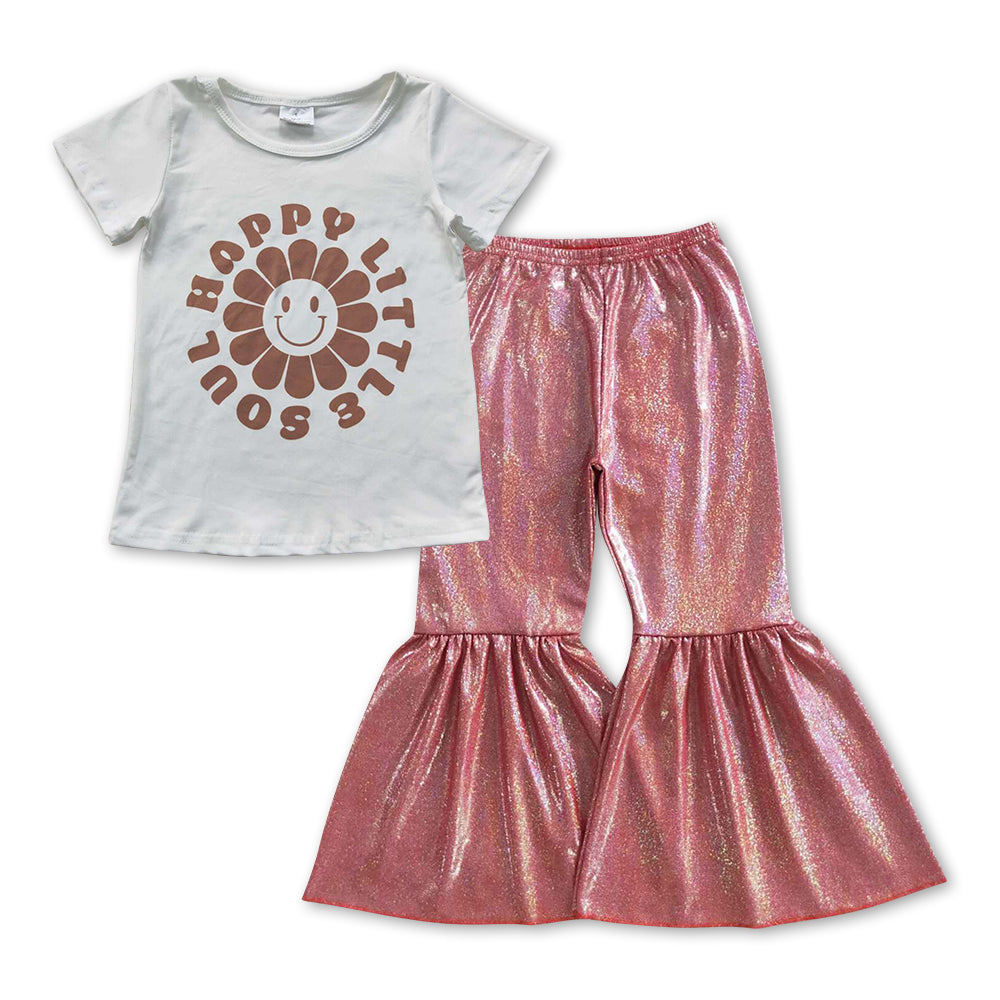 GSPO0920 Happy little soul smile flowers short sleeve red disco pants girls set