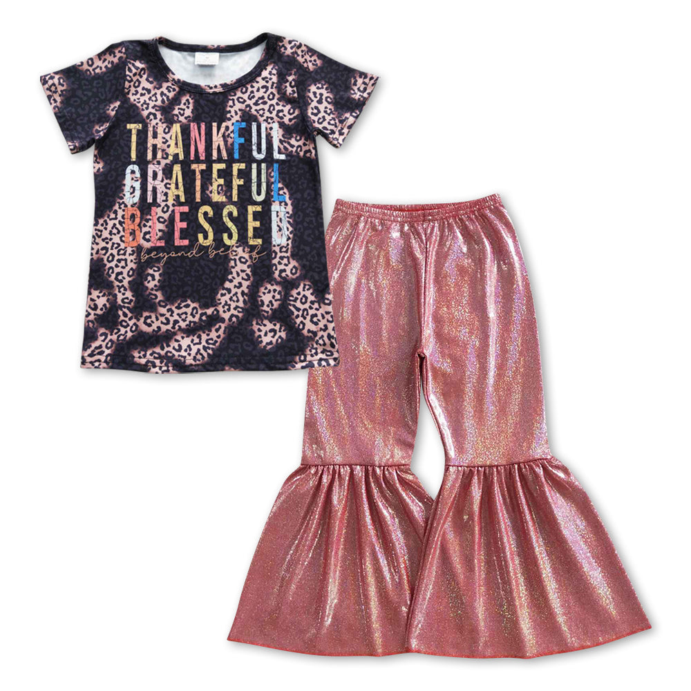 GSPO0921 Thankful leopard black short sleeve red disco pants girls set
