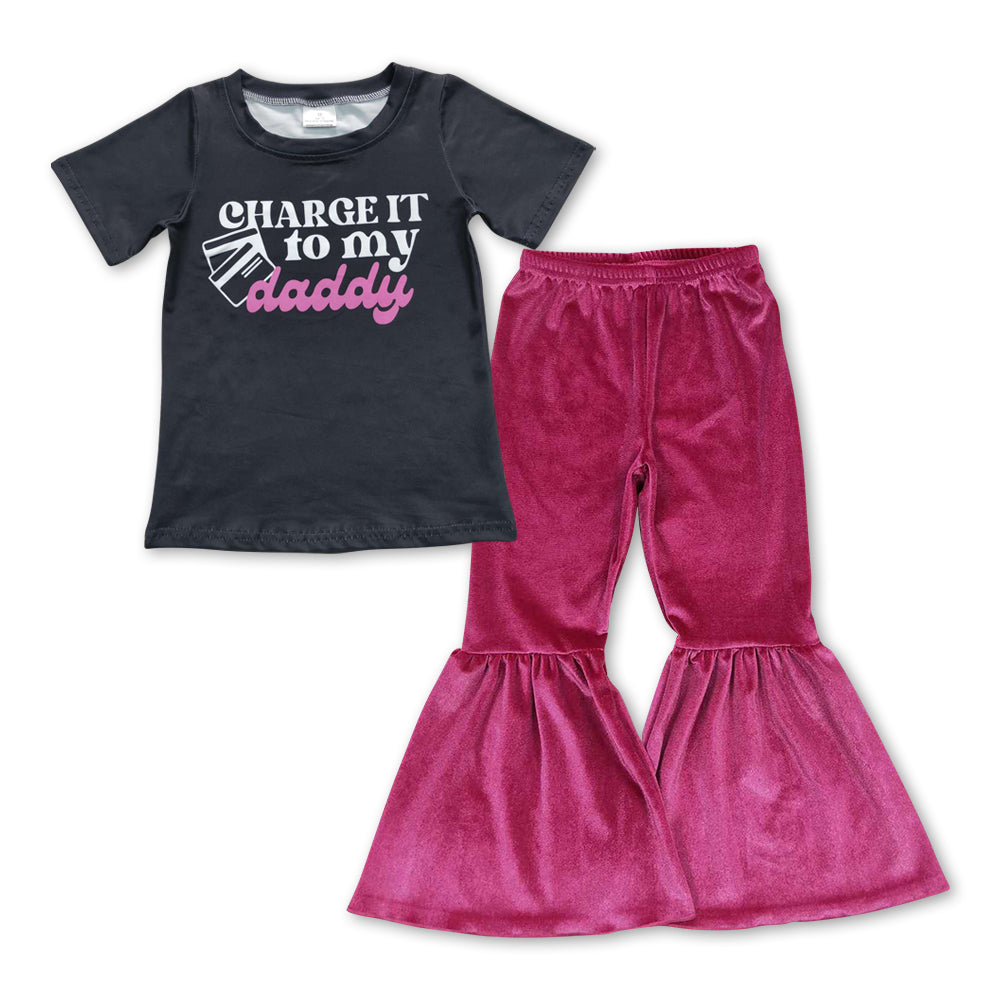 GSPO0929 Charge it to my daddy black short sleeve hot pink velvet pants girls set