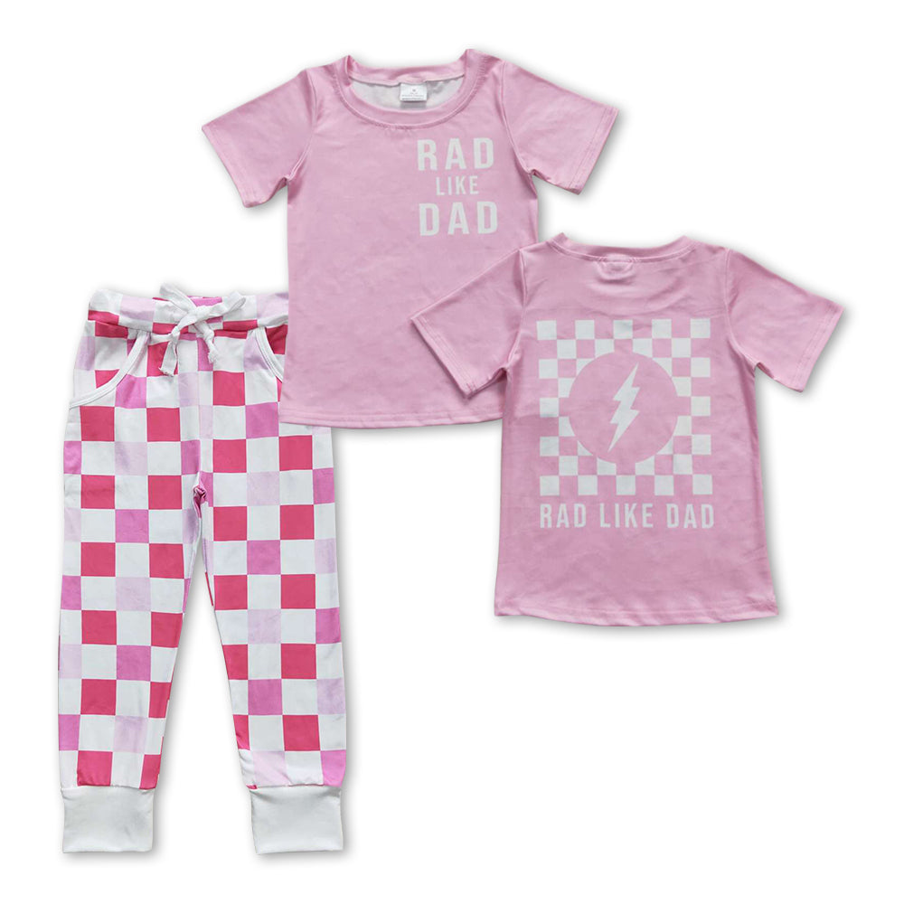 GSPO0932 Rad like dad pink short sleeve pink checkered pants girls set