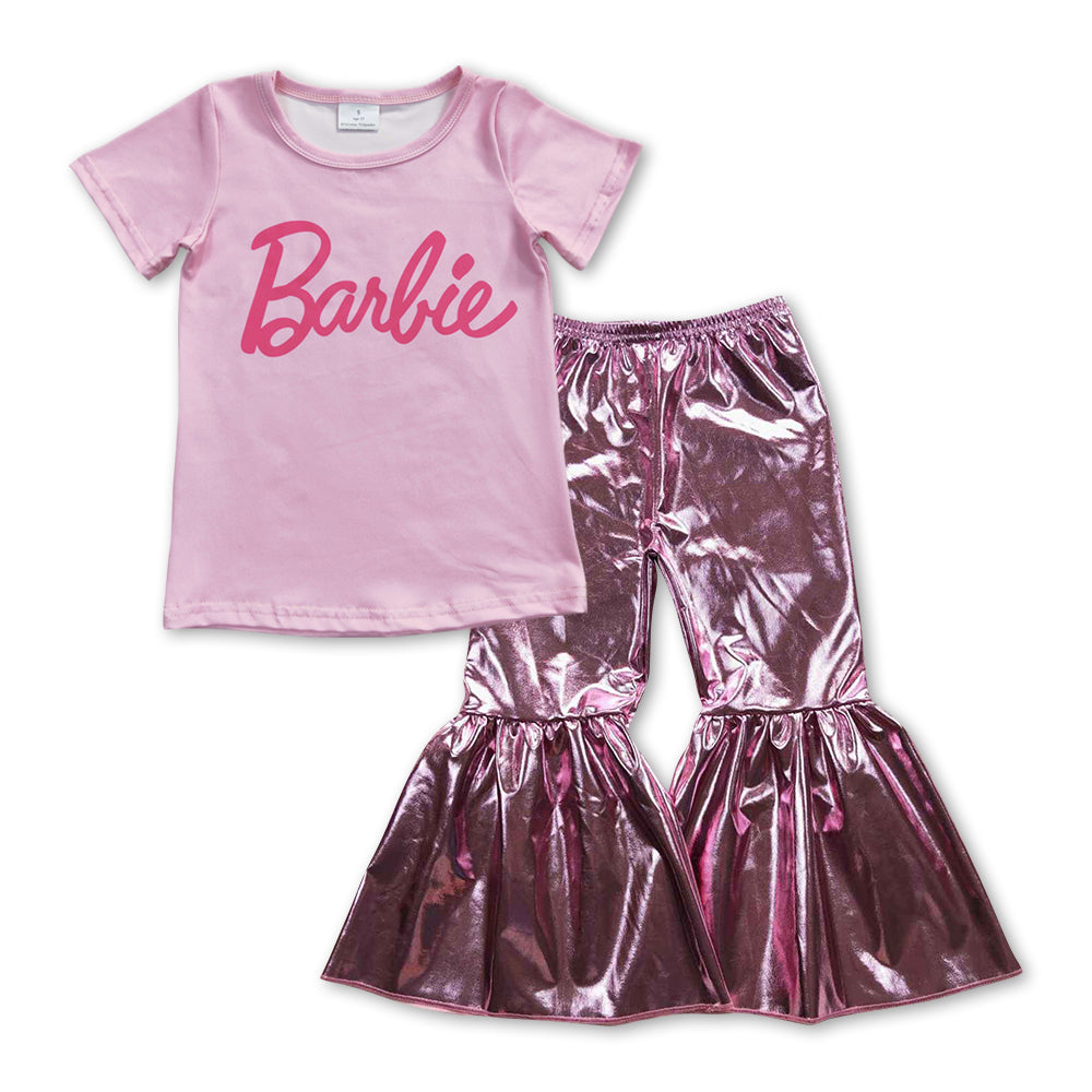 GSPO0943 BA pink short sleeve hot pink leather pants girls set
