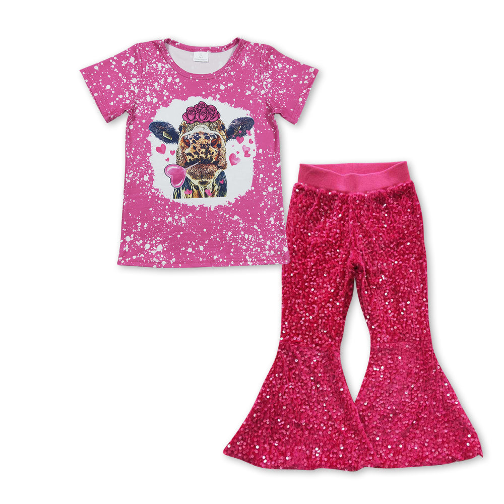 preorder GSPO0952 Cow heart hot pink short sleeve hot pink sequin pants girls set