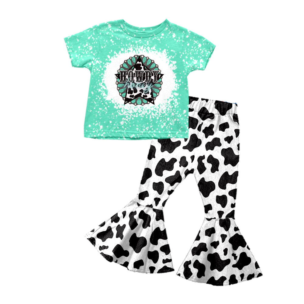 preorder GSPO0959 Howdy star cyan short sleeve cow print pants girls set