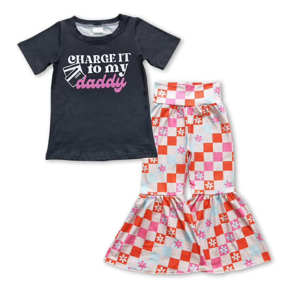GSPO0967 Charge it to my daddy black short sleeve colorful checkered pants girls set