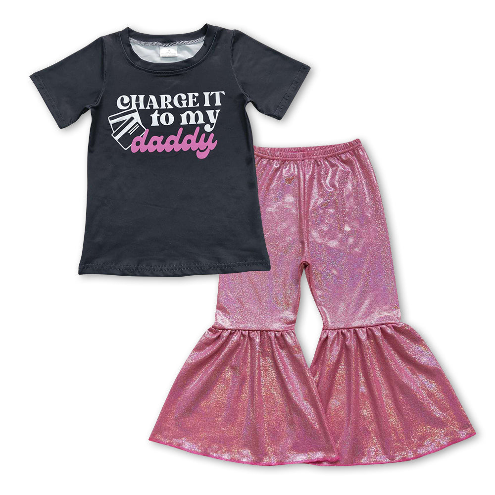 GSPO0968 Charge it to my daddy black short sleeve red disco pants girls set