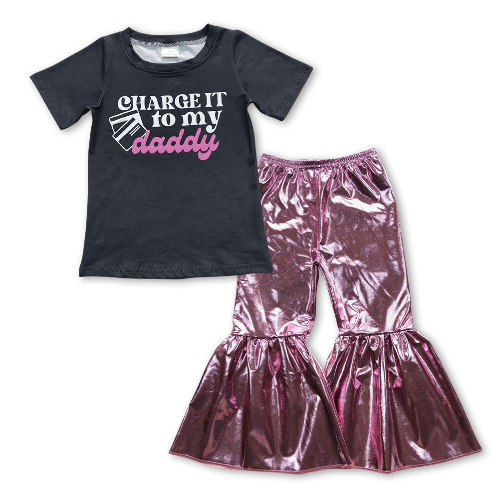 GSPO0969 Charge it to my daddy black short sleeve pink leather pants girls set