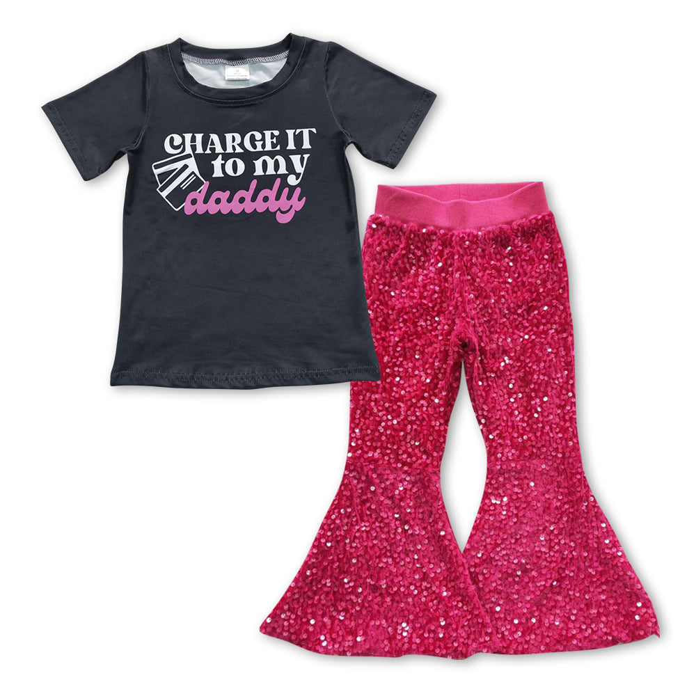 GSPO0970 Charge it to my daddy black short sleeve hot pink sequin pants girls set
