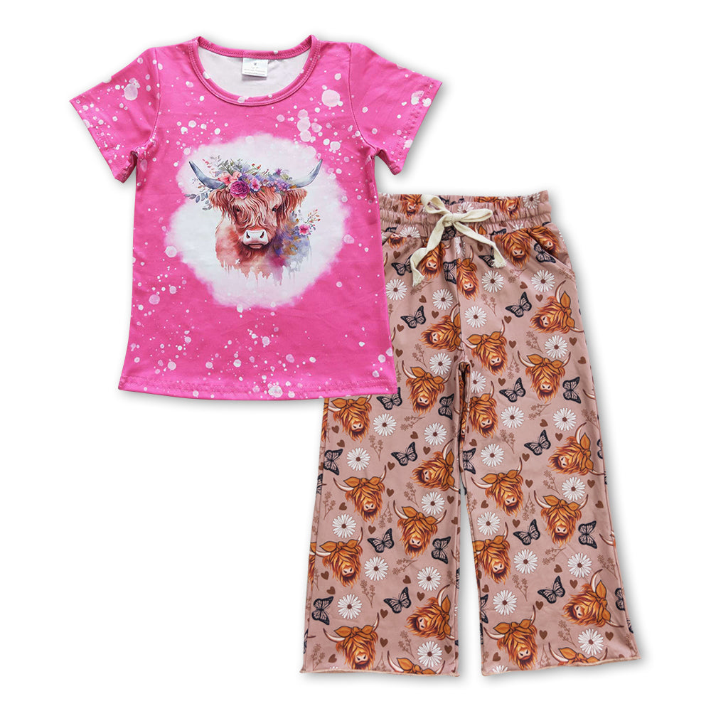 GSPO0971 Highland cow hot pink short sleeve pink pants girls set