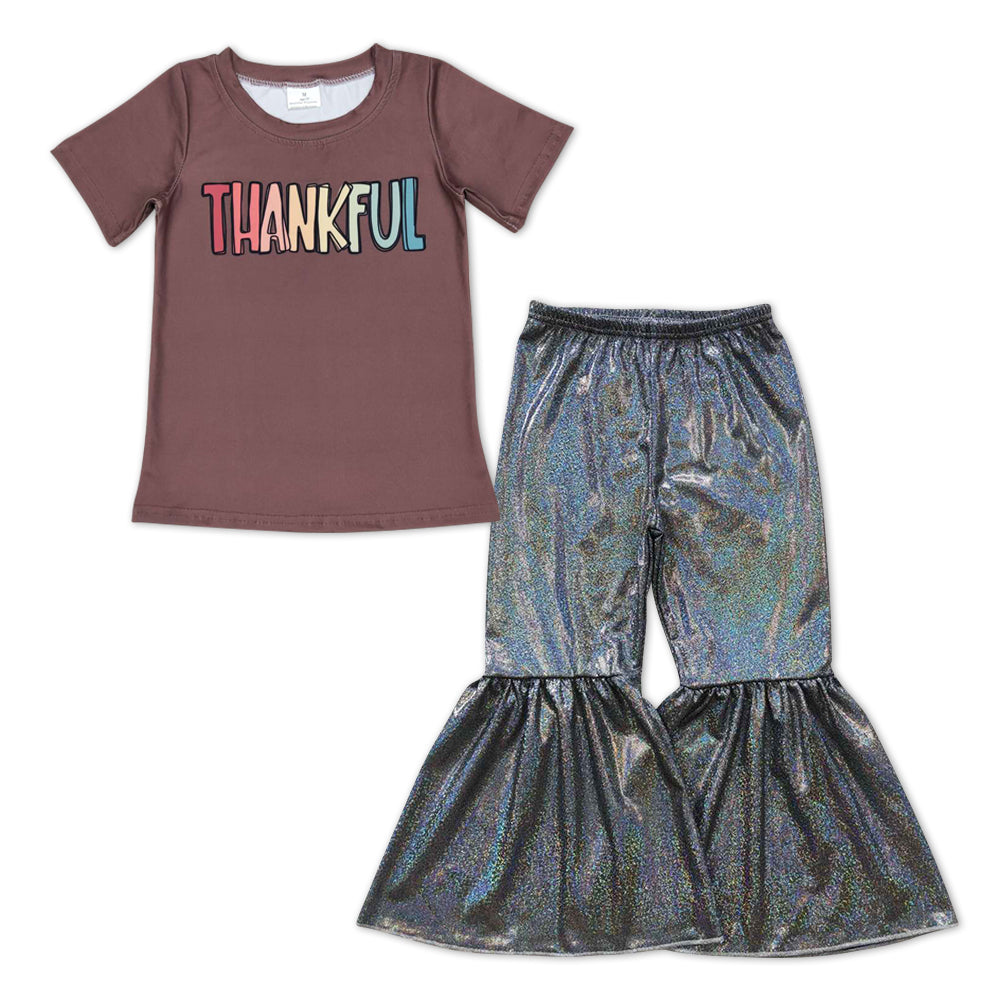 GSPO0980 Thankful brown short sleeve black disco pants girls set
