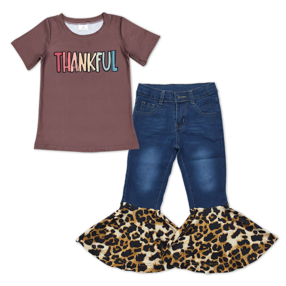 GSPO0981 Thankful brown short sleeve leopard blue denim pants girls set