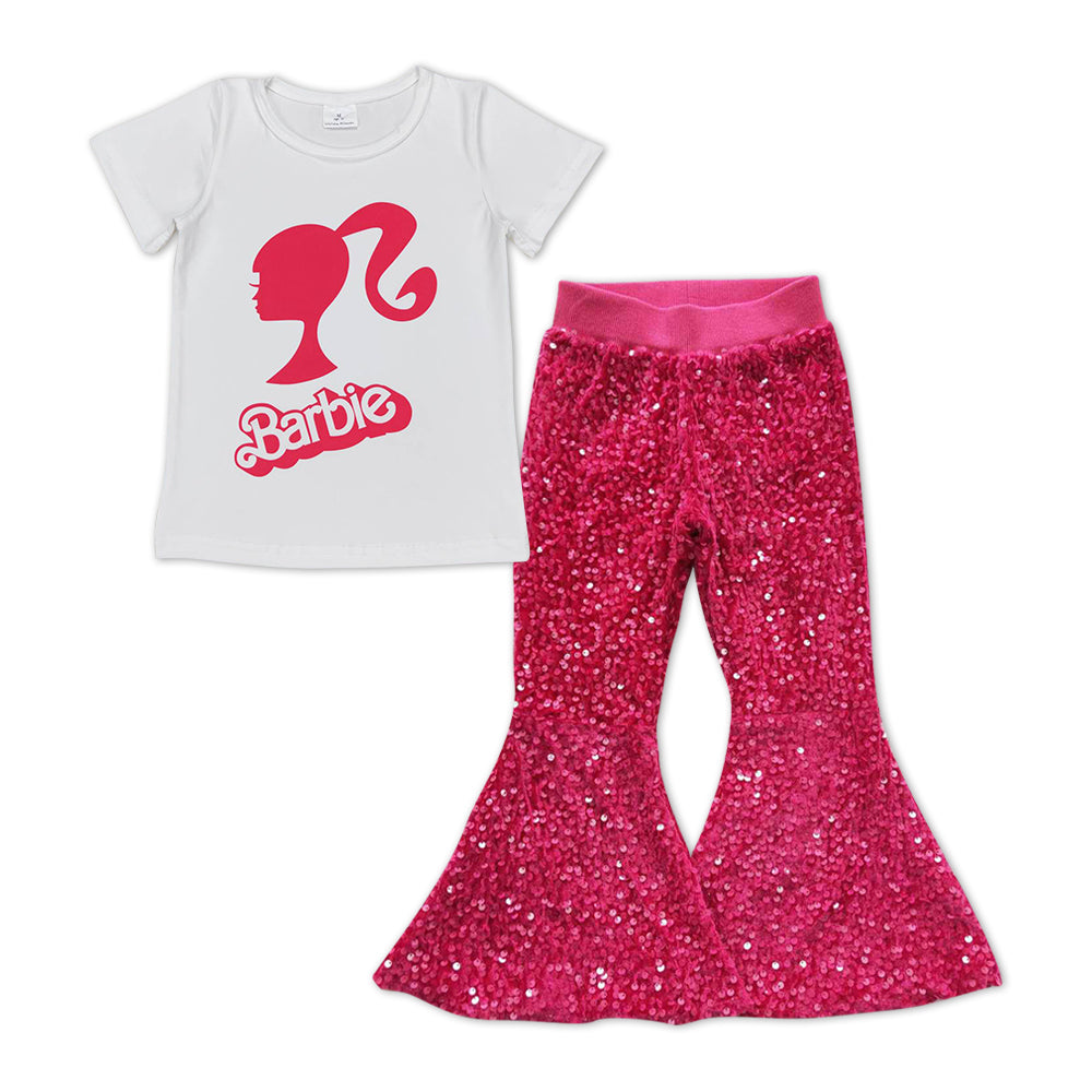 GSPO0983 Cartoon BA short sleeve hot pink sequin pants girls set