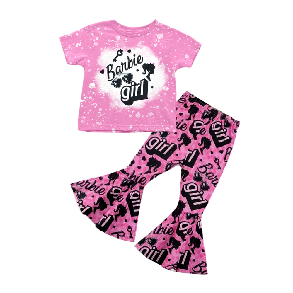 preorder GSPO0988 Cartoon BA girl short sleeve hot pink pants girls set