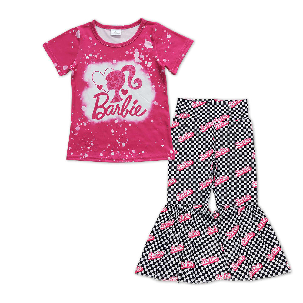 GLP0993 BA cartoon hot pink short sleeve black checkered pants girls set