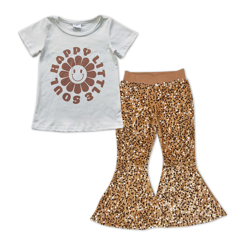 GSPO0995 Happy little soul smile short sleeve khaki sequin pants girls set