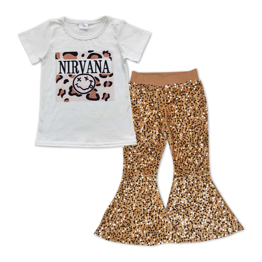 GSPO0996 Nirvana smile leopard short sleeve khaki sequin pants girls set