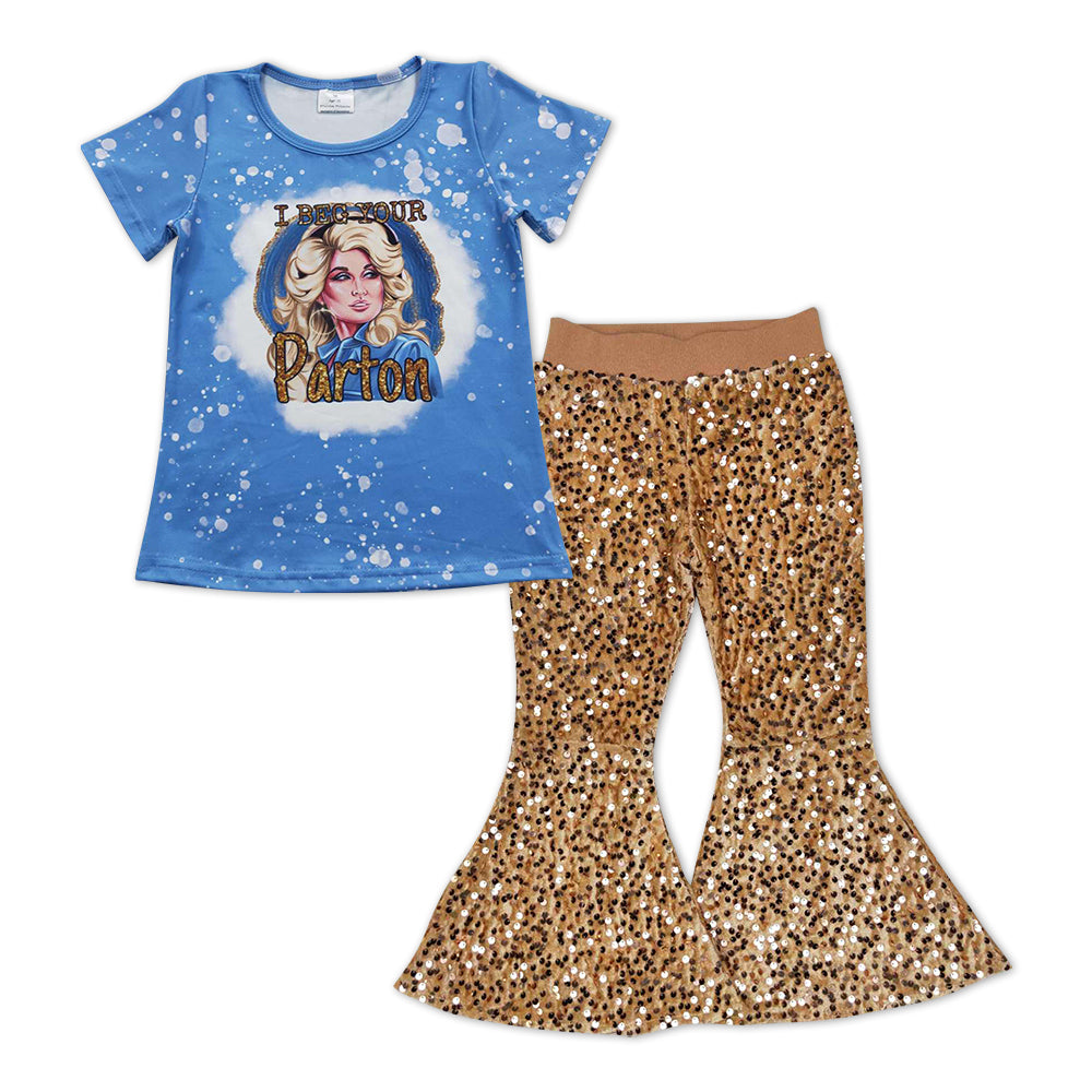 GSPO0998 Singer blue short sleeve khaki sequin pants girls set