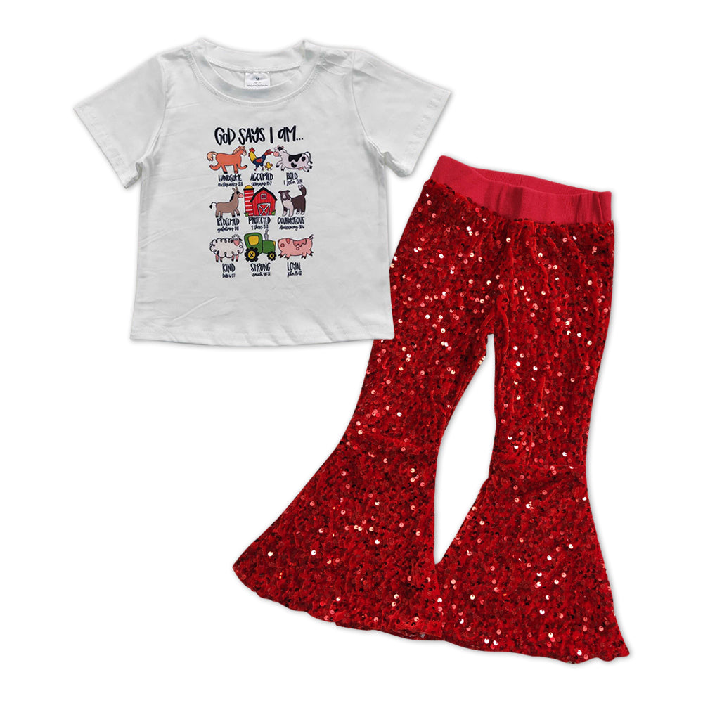GSPO1009 Farm animals short sleeve red sequin pants girls set