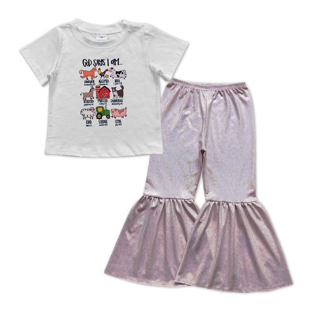 GSPO1010 Farm animals short sleeve pink velvet pants girls set