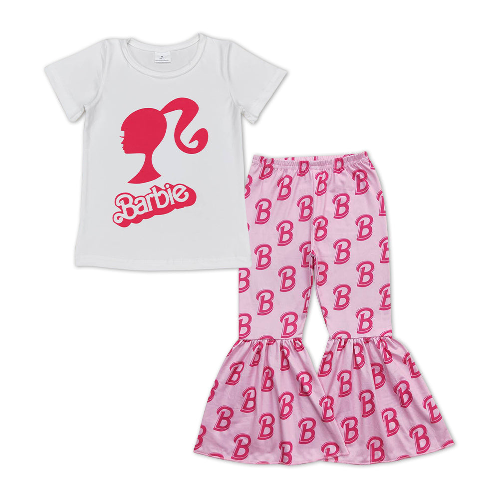 GSPO1011 BA cartoon white short sleeve pink pants girls set