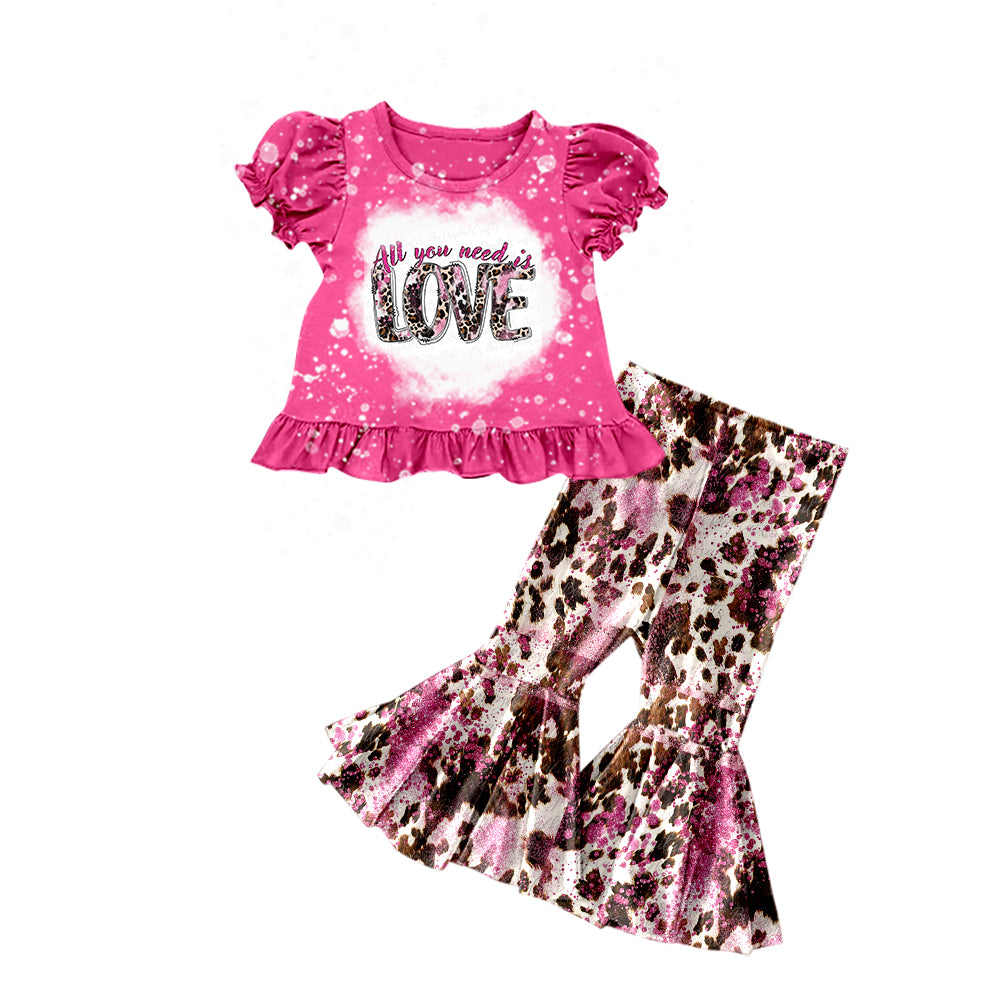 preorder GSPO1053 All you need is love hot pink short sleeve ink pattern pants girls set
