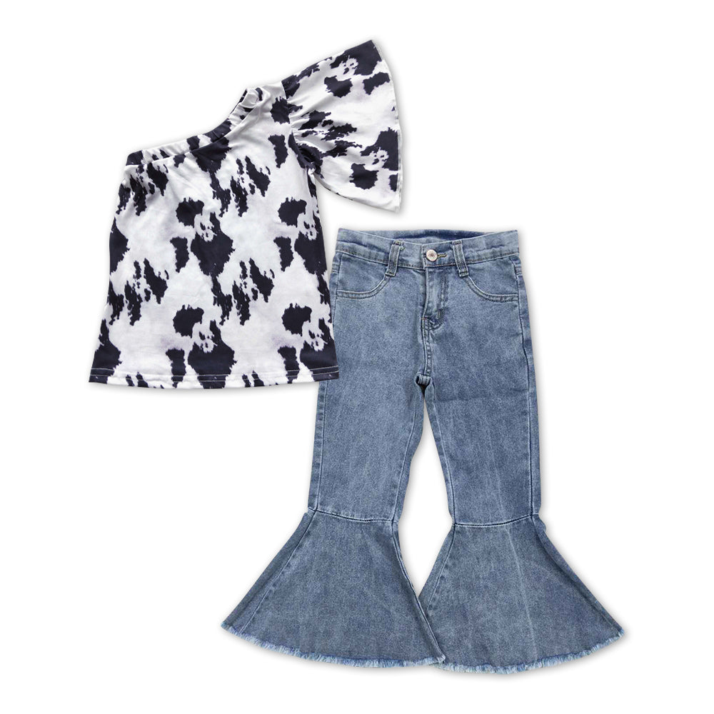 GSPO1061 Ink pattern one-sleeve blue denim pants girls set