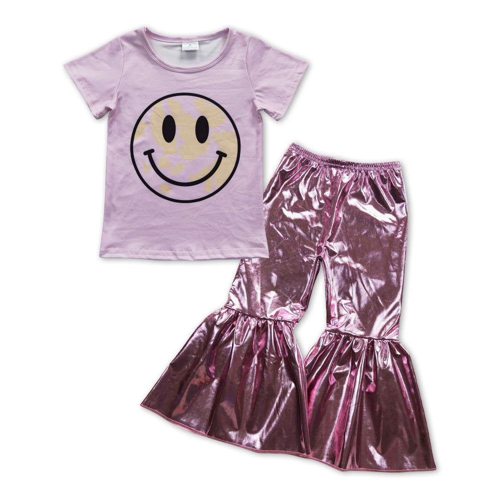GSPO1066 Smile purple short sleeve purple leather pants girls set