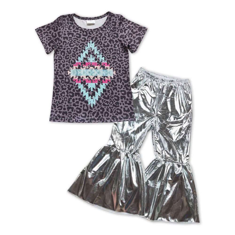 GSPO1067 Western Aztec leopard short sleeve silver leather pants girls set