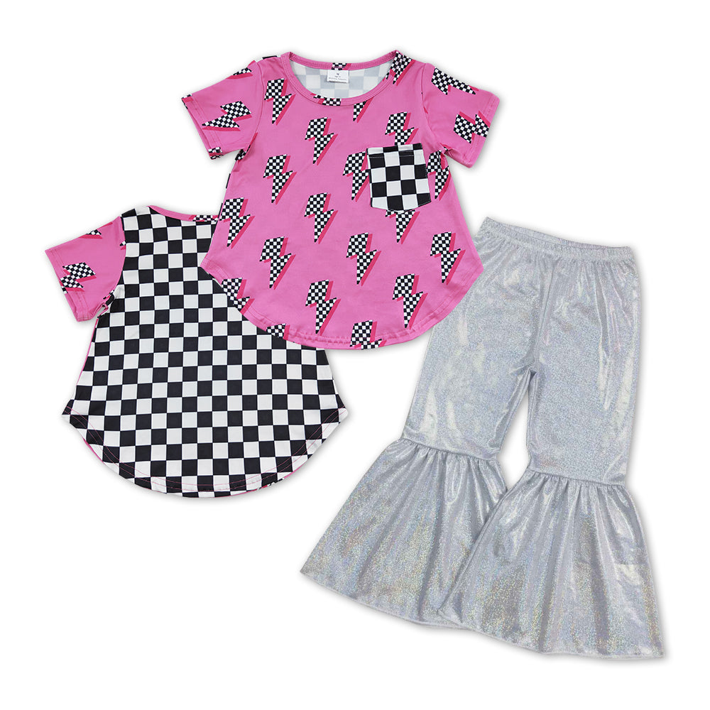 GSPO1068 Hot pink checkered short sleeve white disco pants girls set