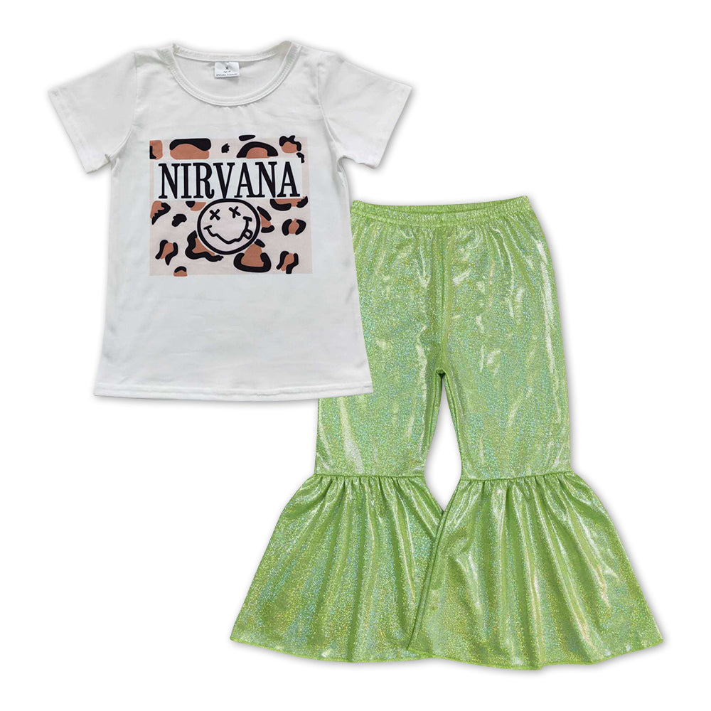 GSPO1069 Nirvana smile white short sleeve green disco pants girls set