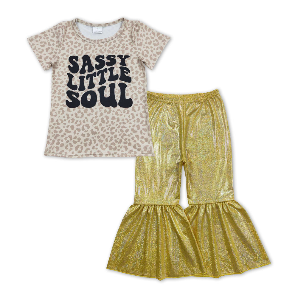 GSPO1070 Sassy little soul leopard short sleeve yellow disco pants girls set
