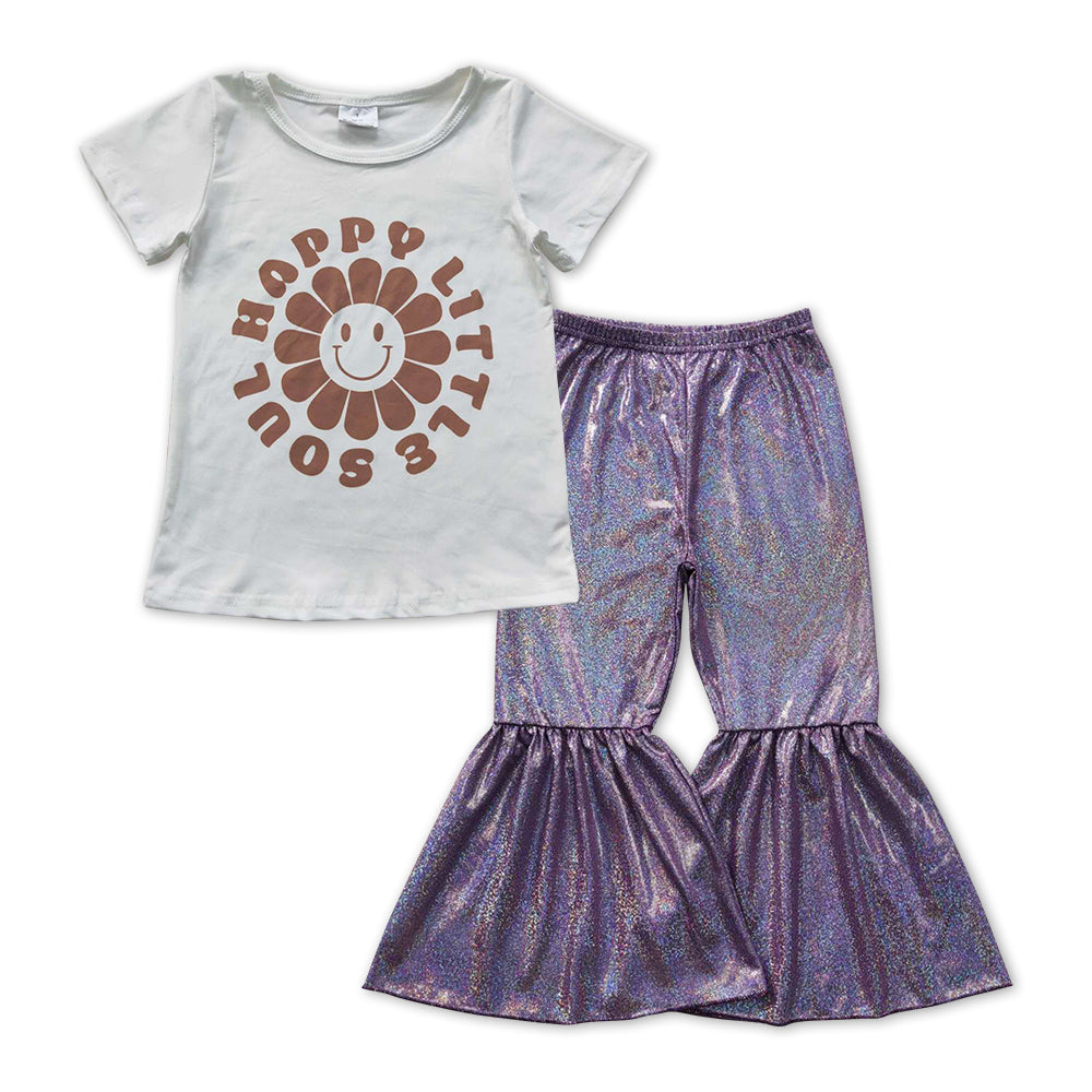 GSPO1072 Happy little soul smile white short sleeve purple disco pants girls set