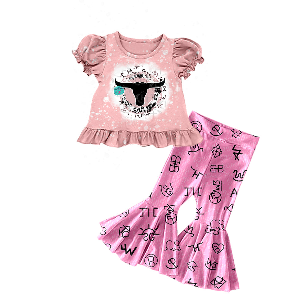preorder GSPO1074 Western cow pink short sleeve hot pink pants girls set