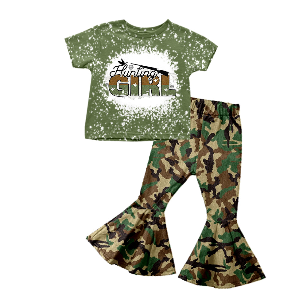 preorder GSPO1101 Hunting girl green short sleeve camo pants girls set