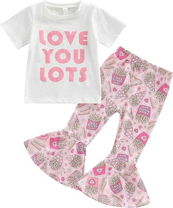 preorder GSPO1121 Love you lots blue short sleeve fries pink heart pants girls set