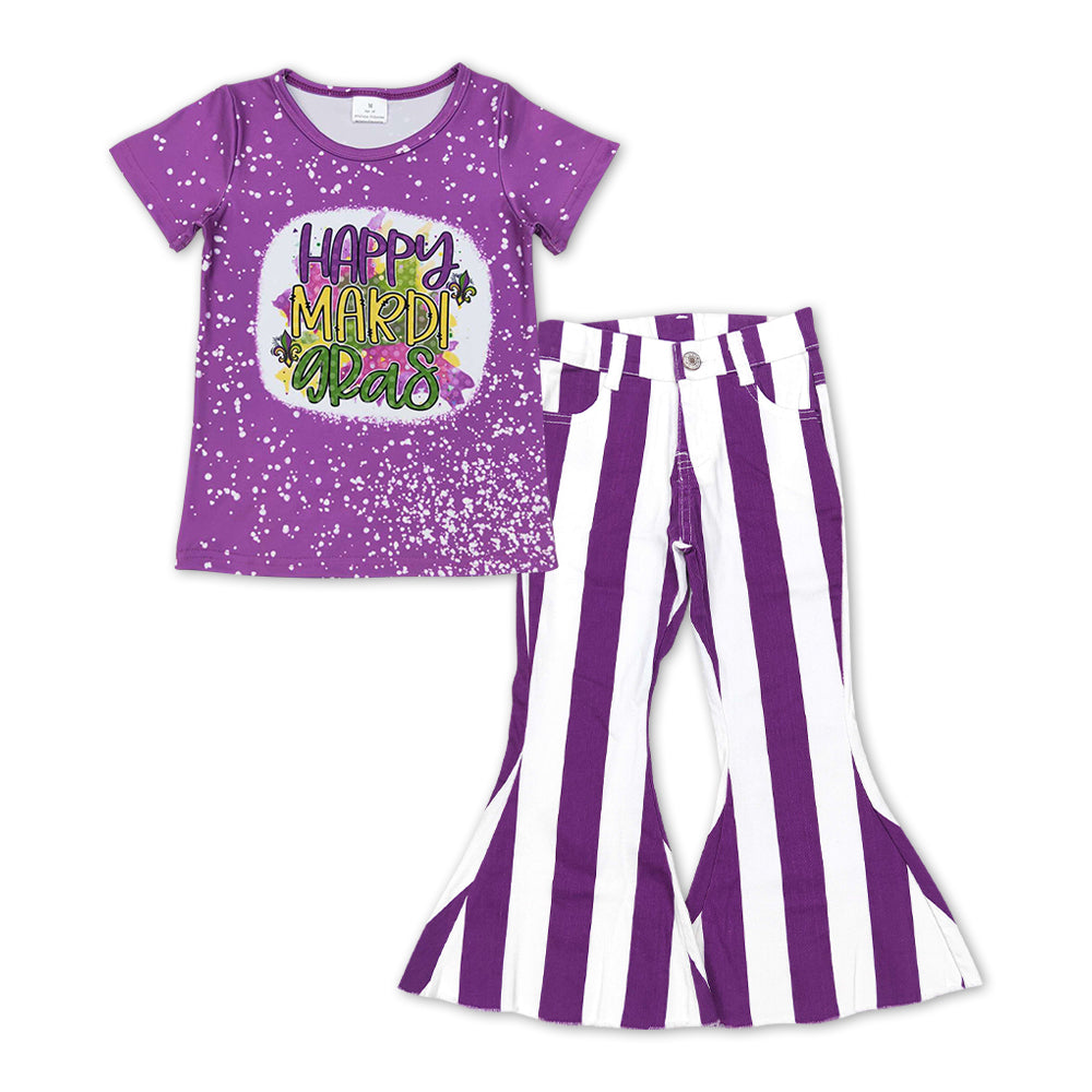 GSPO1123 Mardi gras purple short sleeve red striped denim pants girls set