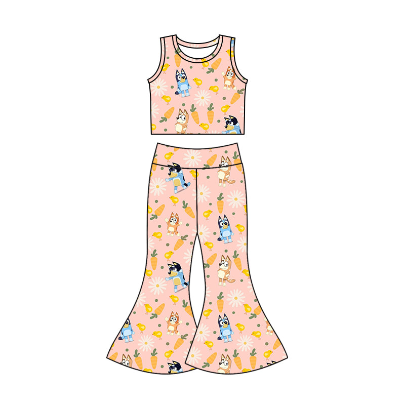 preorder GSPO1126 Cartoon dog carrot flowers pink sleeveless pants girls set