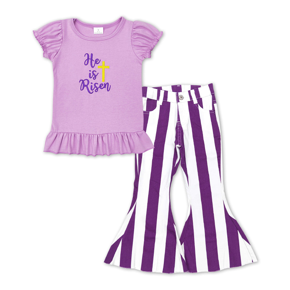 GSPO1135 He is rise short sleeve purple striped girls set