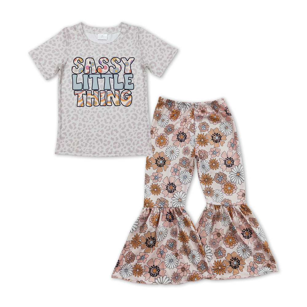 GSPO1147 Sassy little thing leopard short sleeve colorful flowers girls set