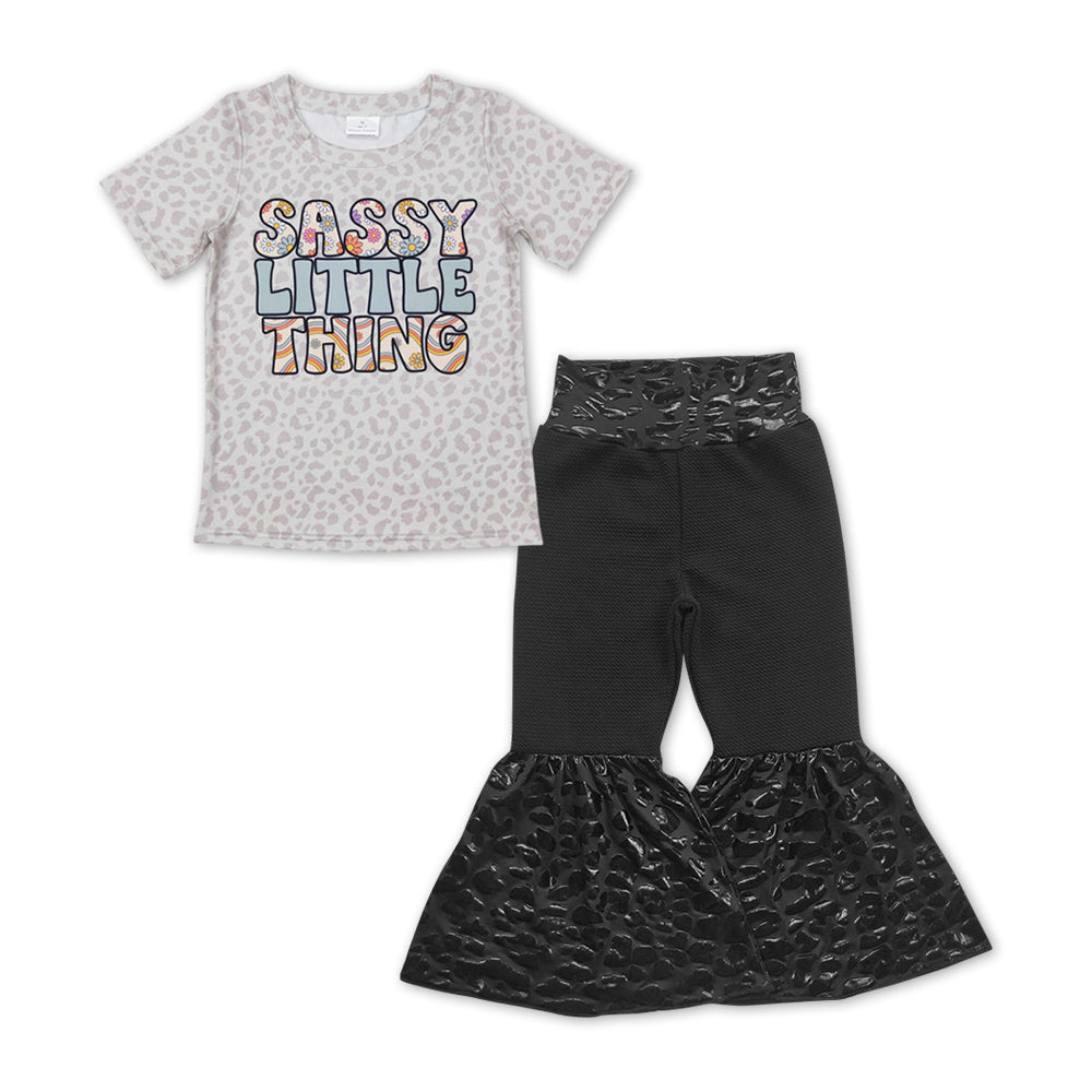 GSPO1148 Sassy little thing leopard short sleeve black leather pants girls set