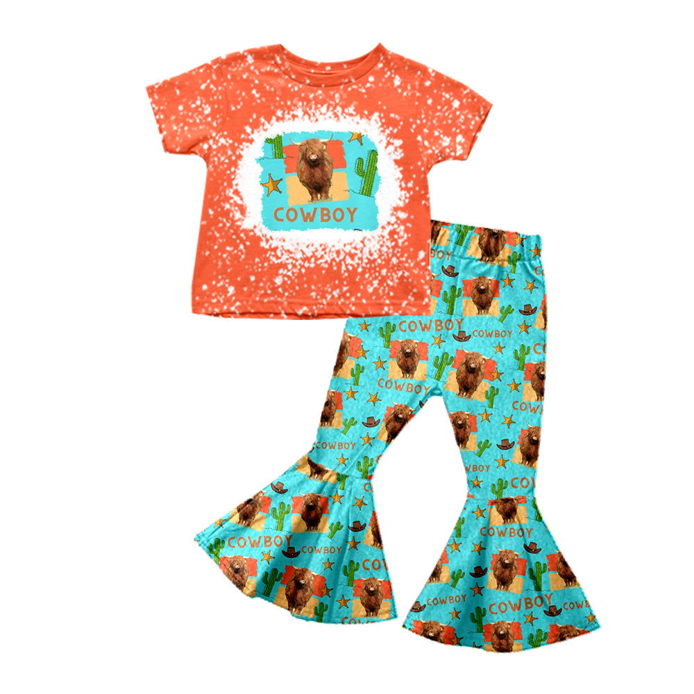 preorder GSPO1156 Western Cowboy Cactus Orange Short sleeve Blue Pants Girls Set