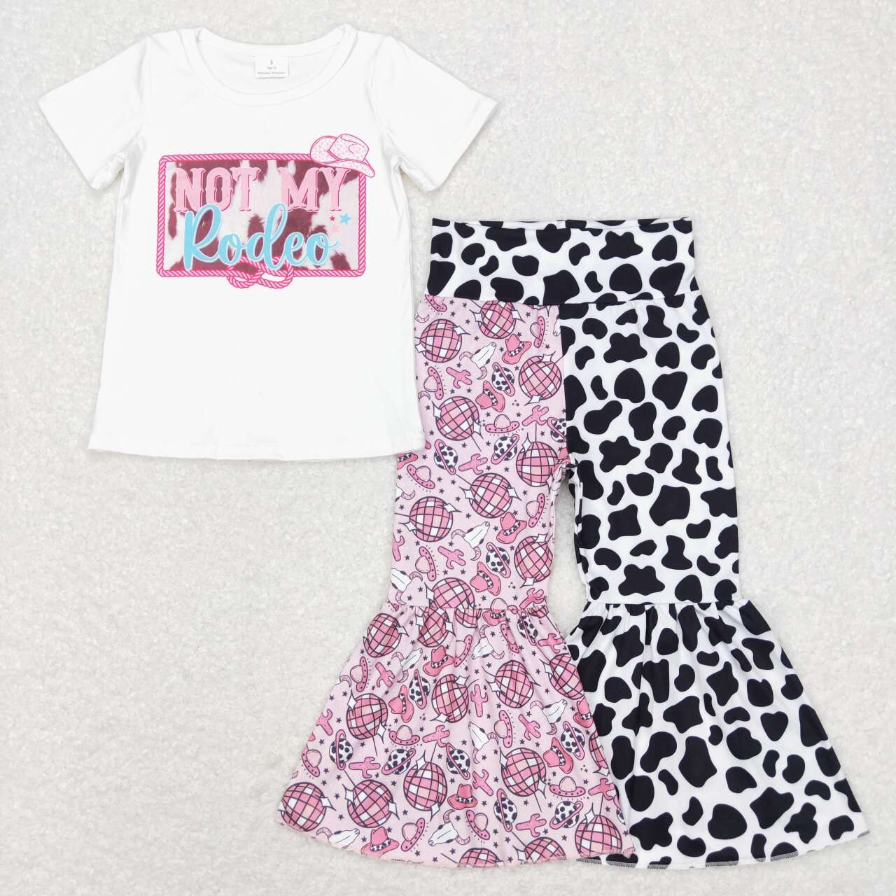 GSPO1208 Not My Rodeo White Short Sleeve Hat Pink Cow Print Pants Girls Set