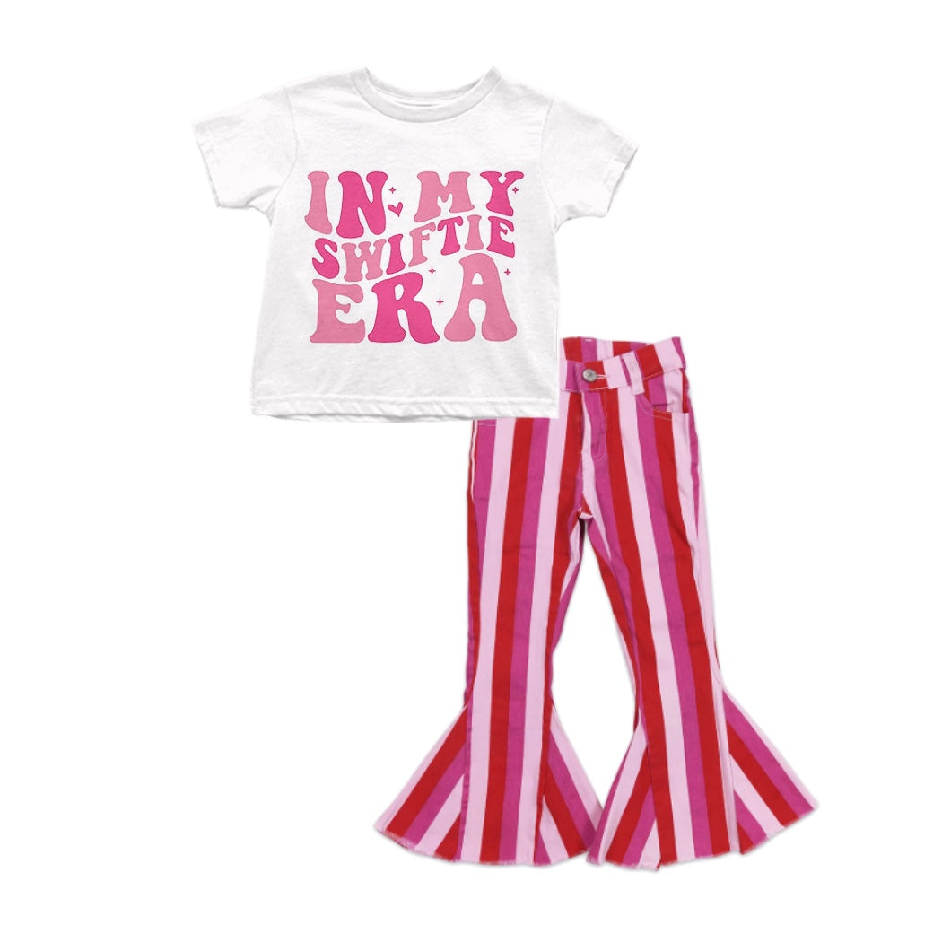 preorder GSPO1249 Country Singer In My Era Short Sleeve Red Pink Striped Denim Pants Girls Set