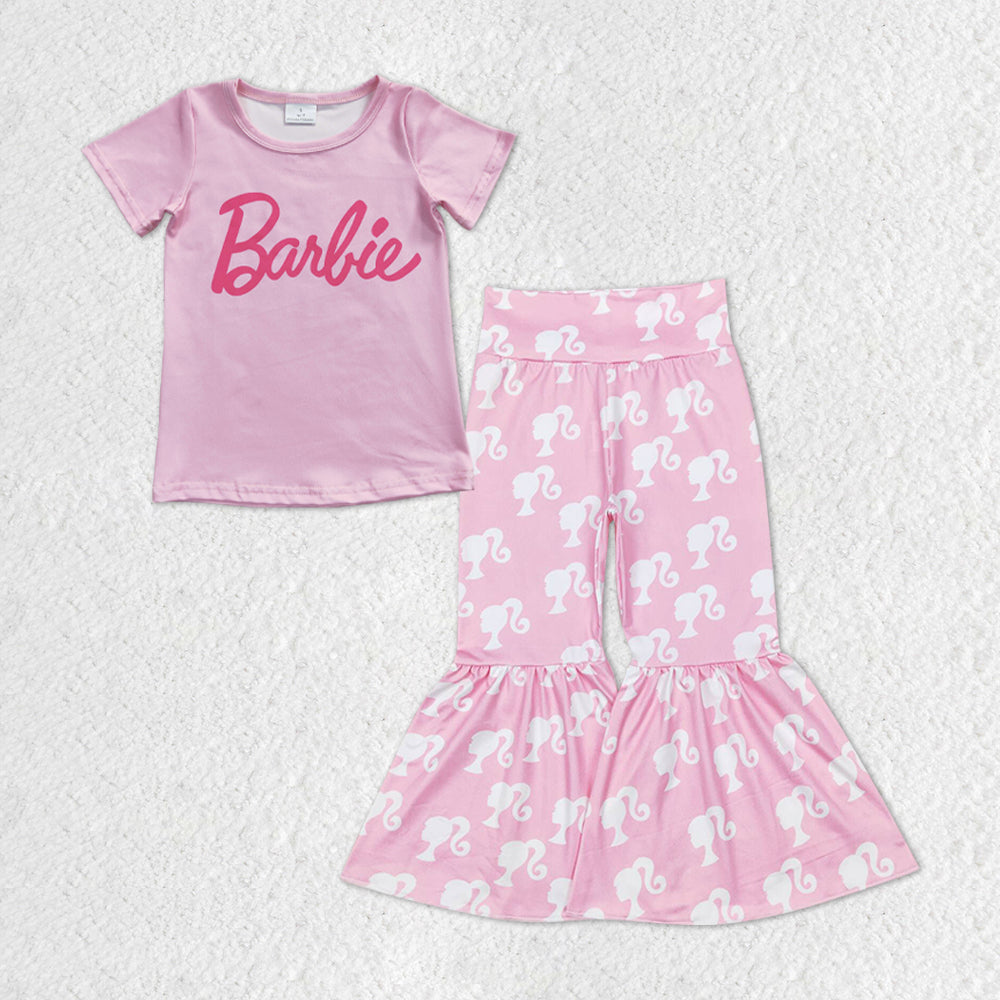 GSPO1301 Cartoon BA Pink Short Sleeve Pink Pants Girls Set