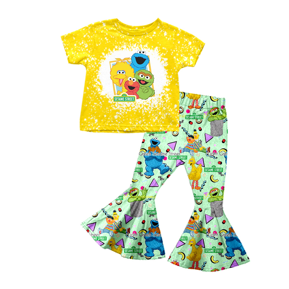 preorder GSPO1361 Cartoon Cute Baby Yellow Short Sleeve Green Pants Girls Set