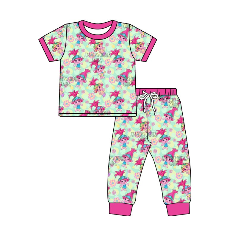 preorder GSPO1420 Cartoon baby girl flowers hot pink short sleeve pants girls pajamas