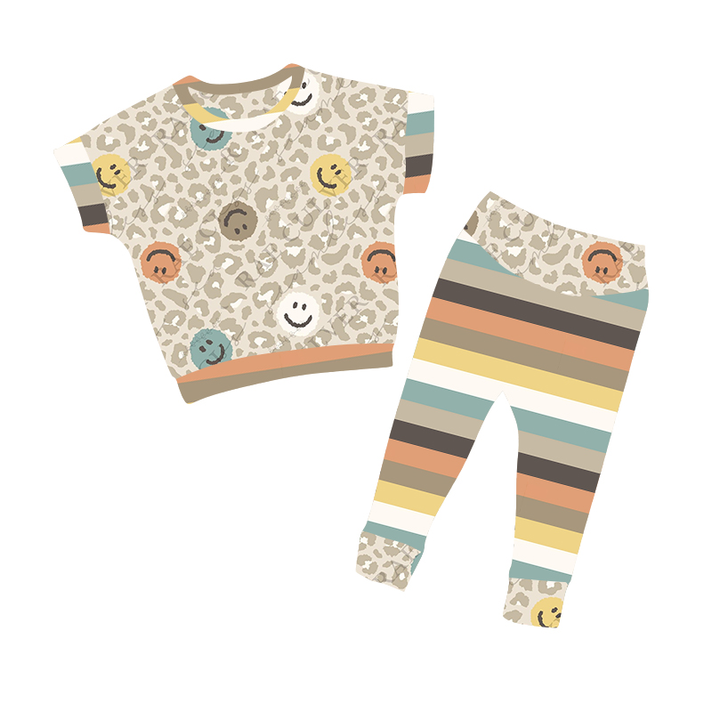 preorder GSPO1422 Smile leopard short sleeve colorful striped pants girls set